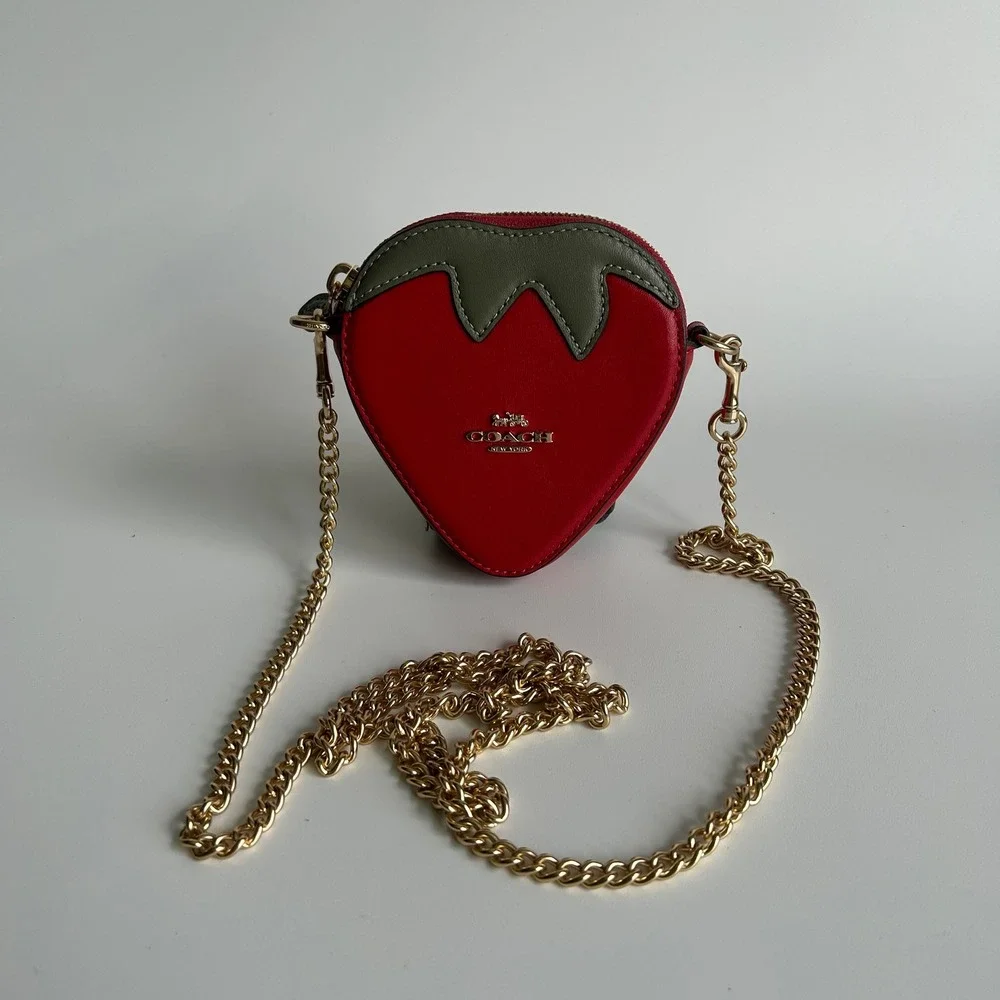 Coach Strawberry Red Leather Crossbody Bag Gold Chain CH524 Excellent